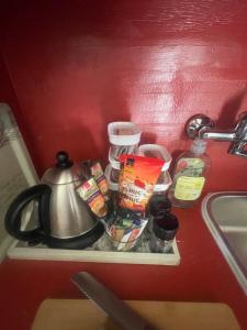 Ein Teekessel auf einem Regal neben einem Waschbecken in der Unterkunft Waterberry Hideaway in Pringle Bay + 6 Fotos