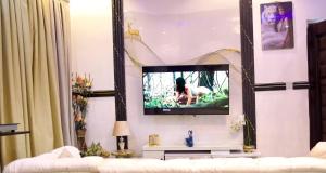 un salon avec une télévision sur un mur dans l'établissement Ft realty properties 4, à Otele