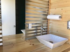 a bathroom with two sinks in a wooden wall at Lupine Cabin, Glamour Camping, Stunning Skies and Sunrise Views in Monticello