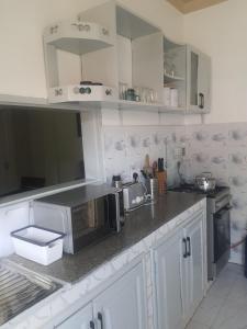 eine Küche mit weißen Schränken und einer silbernen Mikrowelle in der Unterkunft 41 Nile Bridge Villa in Jinja