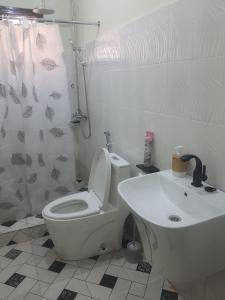 ein Badezimmer mit einer weißen Toilette und einem Waschbecken in der Unterkunft 41 Nile Bridge Villa in Jinja