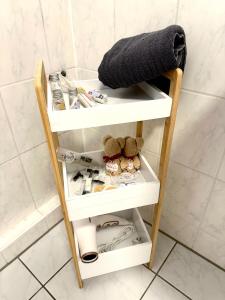 萨勒河畔哈雷Gemütliche Altbauwohnung nahe des Bahnhofs Halle的浴室架子上方的毛巾