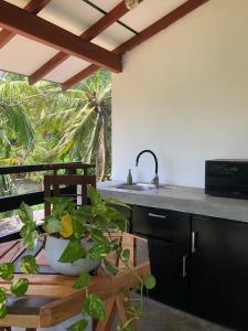 a kitchen with a sink and a table with a plant at Villa Ranuka in Unawatuna +27 photos