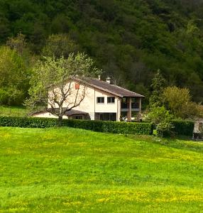 ein Haus mitten auf einer grünen Wiese in der Unterkunft Cascina Bruna villa con giardino in Val Trebbia in Bobbio