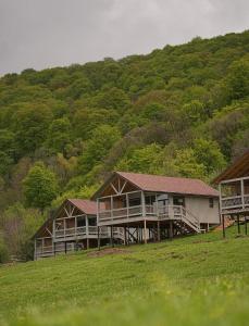 a group of houses on a field with a hill at WOW Glamping in Dsegh