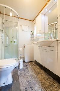 a bathroom with a toilet and a glass shower at Valen Retro Home, Reine in Reine