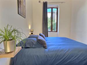 a blue bed in a bedroom with a potted plant at La Cachette in Valence