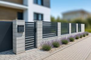 ein Zaun mit lila Pflanzen vor einem Gebäude in der Unterkunft Bezpieczna Przystań in Frombork