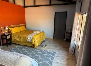 a bedroom with a bed and an orange wall at Big Cats Namibia Farmstays in Outjo