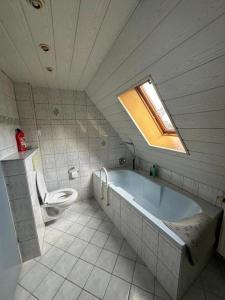 a bathroom with a bath tub and a toilet at Large Room Near The train station and highway in Schnaittach +1 photo