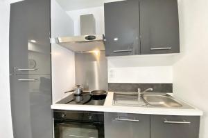 een kleine keuken met een fornuis en een spoelbak bij Le Petit Frontalier in Terville