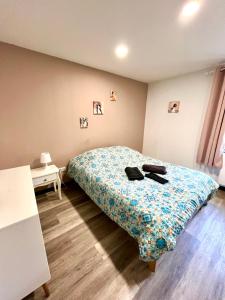 een slaapkamer met een bed met een blauw dekbed bij Le Petit Frontalier in Terville