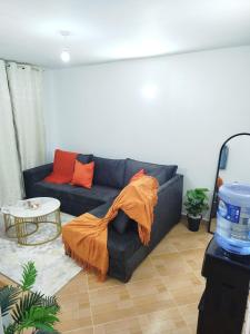 Taste of Home by Chel في ناكورو: غرفة معيشة مع أريكة زرقاء مع وسائد برتقالية +صورة واحدة