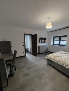 a bedroom with a bed and a desk and a table at Râului 43 in Ocna-Mureşului