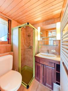 Un baño con ducha, inodoro y lavabo. en Appt de charme dans chalet - liberté & nature, en Chesières 36 fotos más