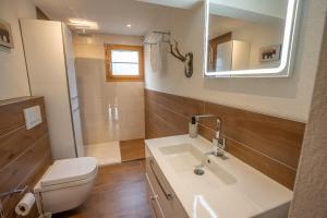 a bathroom with a sink and a toilet and a mirror at Reste Fidèle Duplex in Fiesch