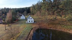 ein weißes Haus auf einem Hügel neben einem Teich in der Unterkunft Klidná lokalita Na kraji lesa, celý dům s úschovnu kol in Nová Bystřice