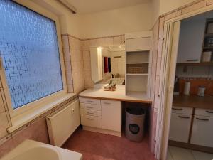 Un baño pequeño con lavabo y ventana. en Apartmán Juli, en Horní Planá 9 fotos más