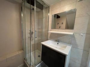 une salle de bains avec douche, lavabo et miroir dans l'établissement Le Vercors, à Chabeuil
