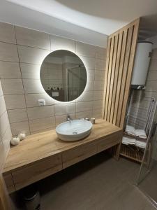 a bathroom with a sink and a mirror at Jedeme Lipno in Kobylnice +9 photos