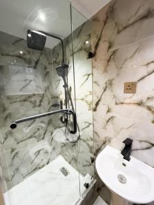 un bagno con lavandino e doccia di Luxe Apartments Surulere a Lagos Altre 38 foto