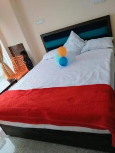 una cama con una pelota naranja y azul encima en MK sea view guest house, en Visakhapatnam 2 fotos más