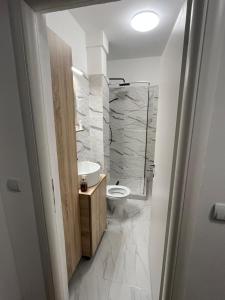 a white bathroom with a toilet and a sink at DecoStudio in Craiova