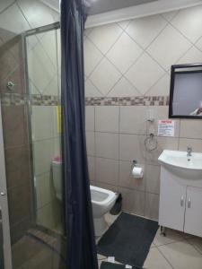 a bathroom with a shower and a toilet and a television at Grand Central Guesthouse in Rustenburg +22 photos