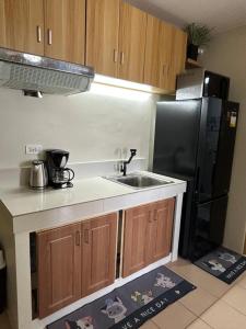 a kitchen with a sink and a black refrigerator at CONDOTEL MARINA SPATIAL FILINVESt in Piapi