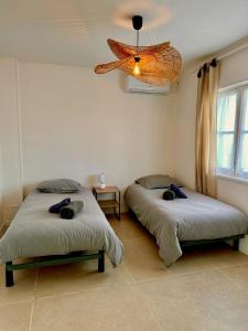 ein Schlafzimmer mit zwei Betten und einem Kronleuchter in der Unterkunft La Cabanne, 4 people, Royan center, 50 m beach, air conditioning in Royan