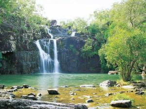 a waterfall in the middle of a river at Poolside Mango House in Airlie Beach