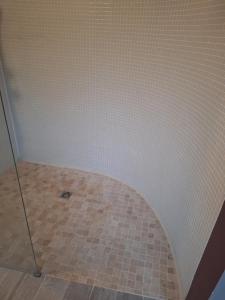 a bathroom with a shower with a tile floor at l'oasis in La Farlède