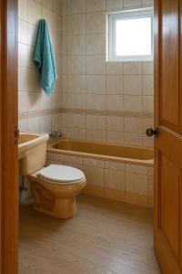 a bathroom with a toilet and a bath tub at 6 personas - Casa amplia y acogedora en zona residencial in Puerto Natales