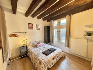 拉瓦勒Vue Château & Mayenne - Centre historique - 6 personnes的一间卧室，里面有一张床和一扇大窗户。