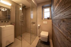 Un baño con inodoro y ducha de cristal. en Chalet Sendlhofer, en Bad Hofgastein 9 fotos más