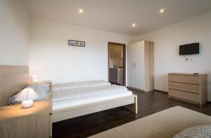 1 dormitorio con 1 cama, vestidor y TV en Apartments Horní Brána, en Český Krumlov
