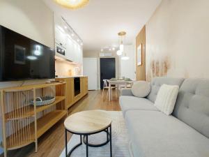 a living room with a couch and a tv at Na Pokładzie e-apart in Jastrzębia Góra