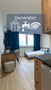 a kitchen and a bedroom with a bed and a desk at N.A.N Apartments on Krushelnytska in Kyiv