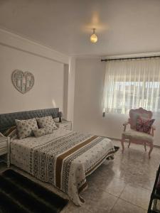 a bedroom with a bed and a chair and a window at Pedrogão Soul & Sunset in Pedrógão