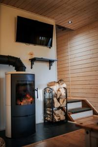 a living room with a fireplace and a tv at Domek nad Jeziorem Bogaczewo in Bogaczewo