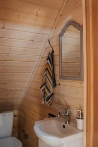 ein Badezimmer mit Waschbecken und Spiegel in der Unterkunft Domek nad Jeziorem Bogaczewo in Bogaczewo