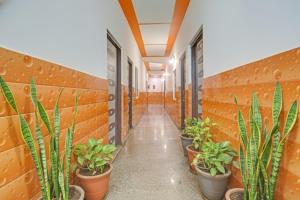 ein Flur mit Topfpflanzen in einem Flur in der Unterkunft Via Yadhuvanshi Dhaam - 900m from Prem Mandir and Iskcon Temple in Vrindāvan + 18 Fotos