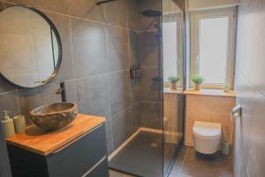 a bathroom with a bowl sink and a mirror at L'échappée Alsacienne - Studio in Saint-Louis in Saint-Louis +25 photos