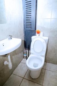 a bathroom with a white toilet and a sink at Studio in Roysambu with a study desk in Nairobi