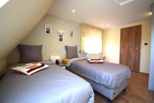 a bedroom with two beds and a window at Le Courlis du Ried in Grussenheim