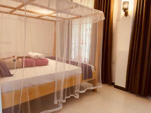 KamburugamuwaにあるMoon View Home stayのガラス張りの天蓋付きベッド1台