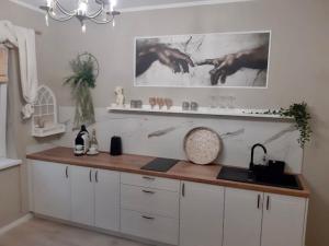 a kitchen with white cabinets and a counter with a sink at Capitals Residence in Oświęcim