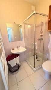 a bathroom with a shower and a sink and a toilet at Provençal Getaway Pool Studio Hiking in Taulignan