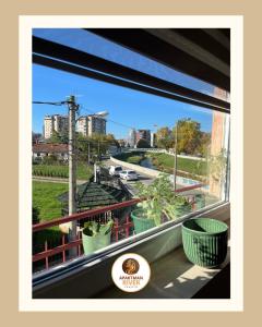ein Fenster mit Topfpflanzen auf einem Balkon in der Unterkunft River apartman Paraćin in Paraćin + 17 Fotos