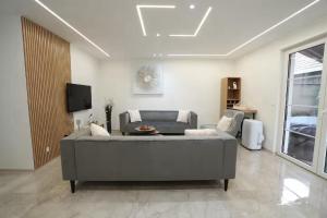 a large living room with a couch and a tv at Les suites du lion in Rosheim